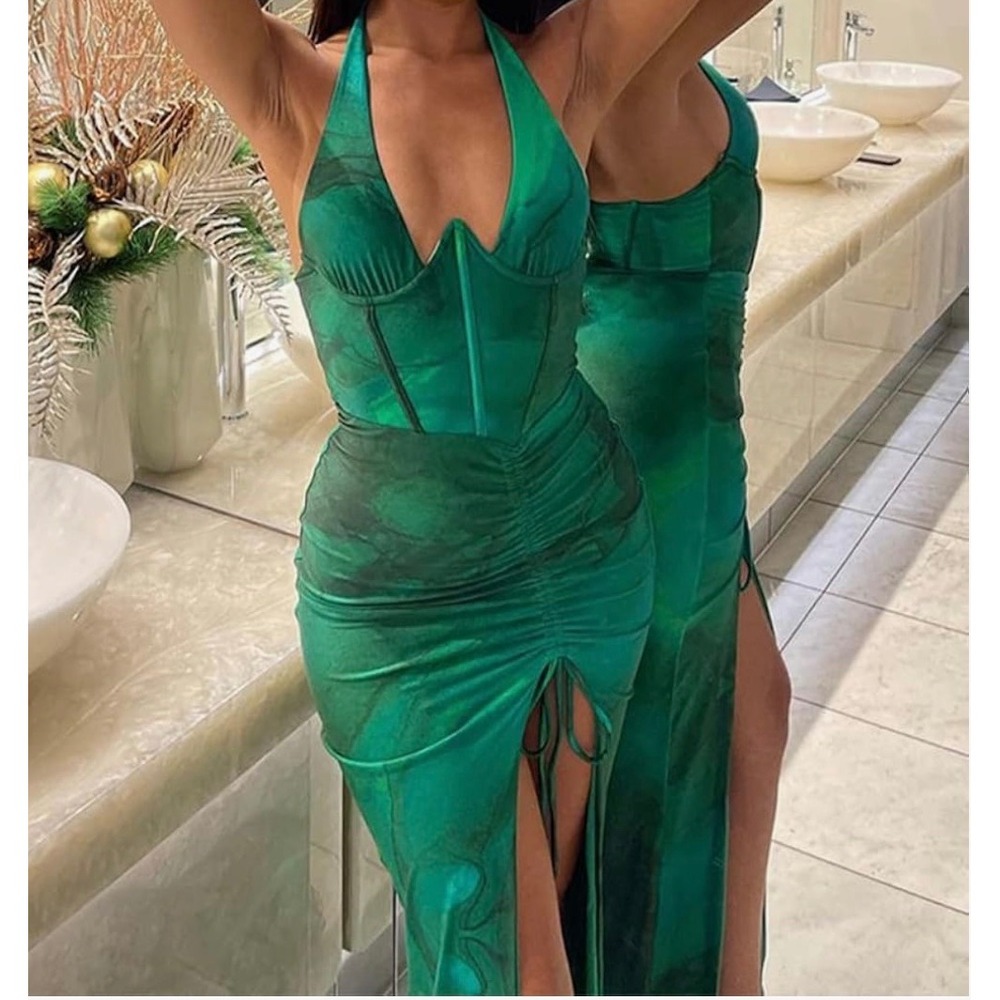 Micas Green Halter Maxi Dress Ruched Slit Bodycon Party Cocktail Evening XL - Picture 4 of 8